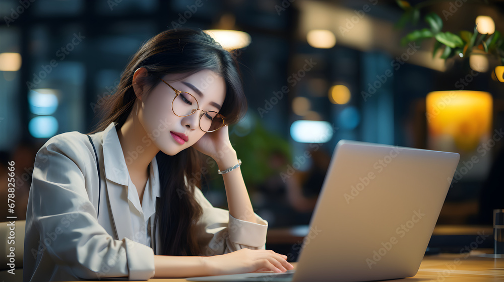 asian businesswoman working in the office with eye strain from the computer asian businesswoman working in the office with eye strain from the computer