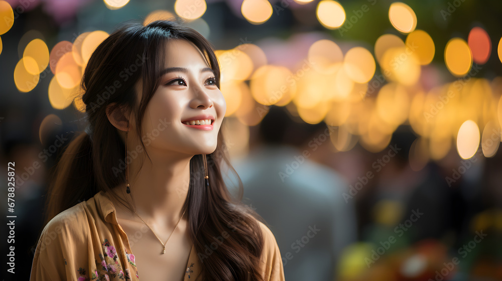 Young Asian woman smiling at festival background, concept. Enjoying the festival.