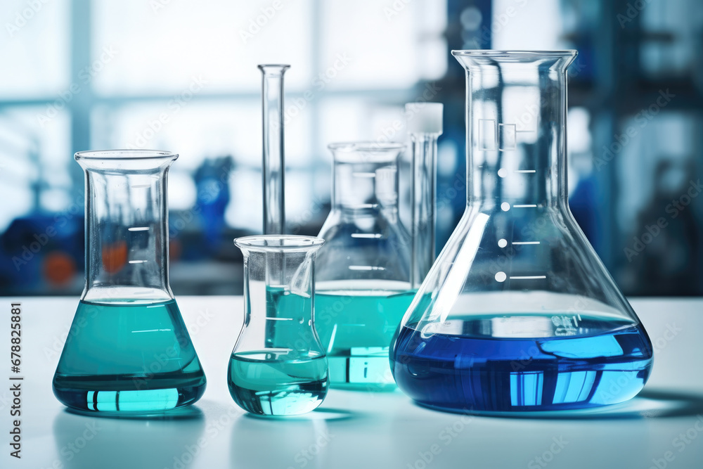 Laboratory equipment beakers and flask with backlight in different group. AI Generated Laboratory equipment beakers and flask with backlight in different group. AI Generated