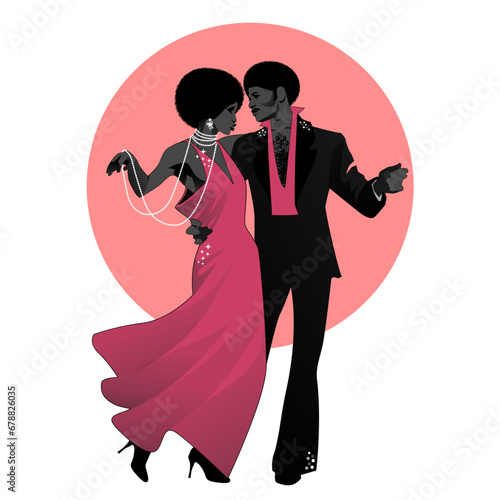 Elegant couple dancing funk, soul or disco music, retro style, isolated on white background.