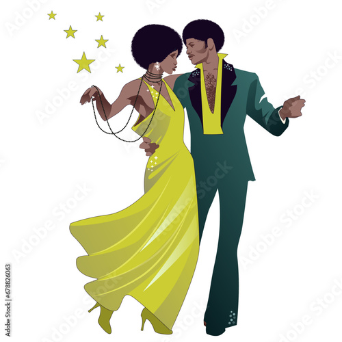 Elegant couple dancing funk, soul or disco music, retro style, isolated on white background.