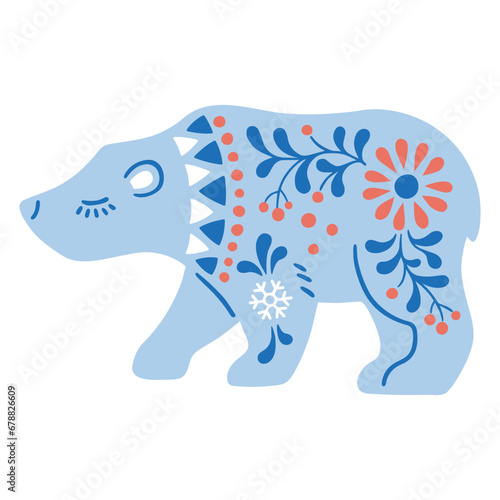 Vector illustration of patterned animal in Nordic style hygge. Silhouette of polar bear in folk style isolated on white background