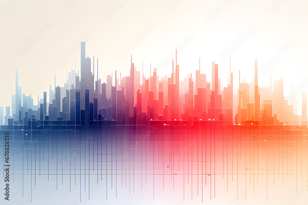 Red and blue gradient cityscape reflection on calm water surface