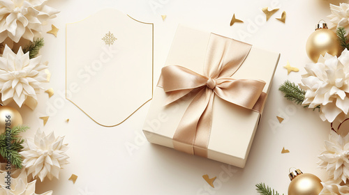 Festive Christmas background in beige color with flowers and a gift wrapped in a gold ribbon and bow. Accompanied by golden Christmas balls and graceful snowflakes, with a graphic frame for text.