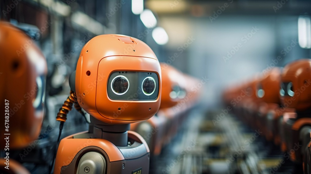 Future of Automation: Orange Robot in Production Line Future of Automation: Orange Robot in Production Line