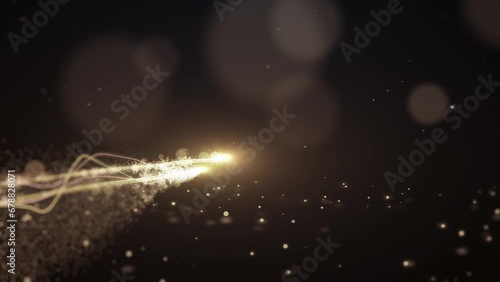 Bright Christmas tree with twinkling lights stars and snowflakes floating on black background. Winter holidays, New Year, festive decorations concept. Seamless looping animation 4k