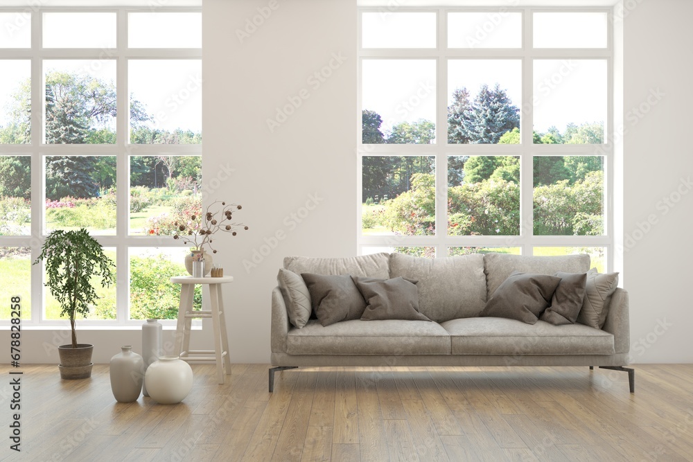 Modern minimalist interior with sofa on empty white color wall background. Interior mockup. Scandinavian interior design. 3D illustration Modern minimalist interior with sofa on empty white color wall background. Interior mockup. Scandinavian interior design. 3D illustration