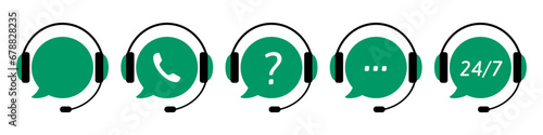 Black and green customer support icons. Headphones and speech bubbles. Assistance, technical support, service. Call center, hotline