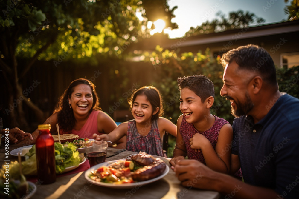 Happy Hispanic family enjoying a barbecue in their backyard on a sunny day. Family bonding and outdoor fun with delicious food and warm smiles