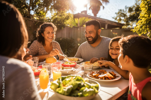 Happy Hispanic family enjoying a barbecue in their backyard on a sunny day. Family bonding and outdoor fun with delicious food and warm smiles
