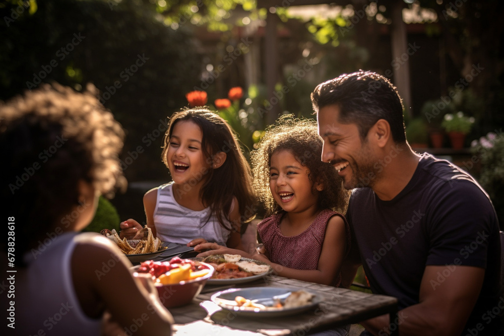 Happy Hispanic family enjoying a barbecue in their backyard on a sunny day. Family bonding and outdoor fun with delicious food and warm smiles Happy Hispanic family enjoying a barbecue in their backyard on a sunny day. Family bonding and outdoor fun with delicious food and warm smiles