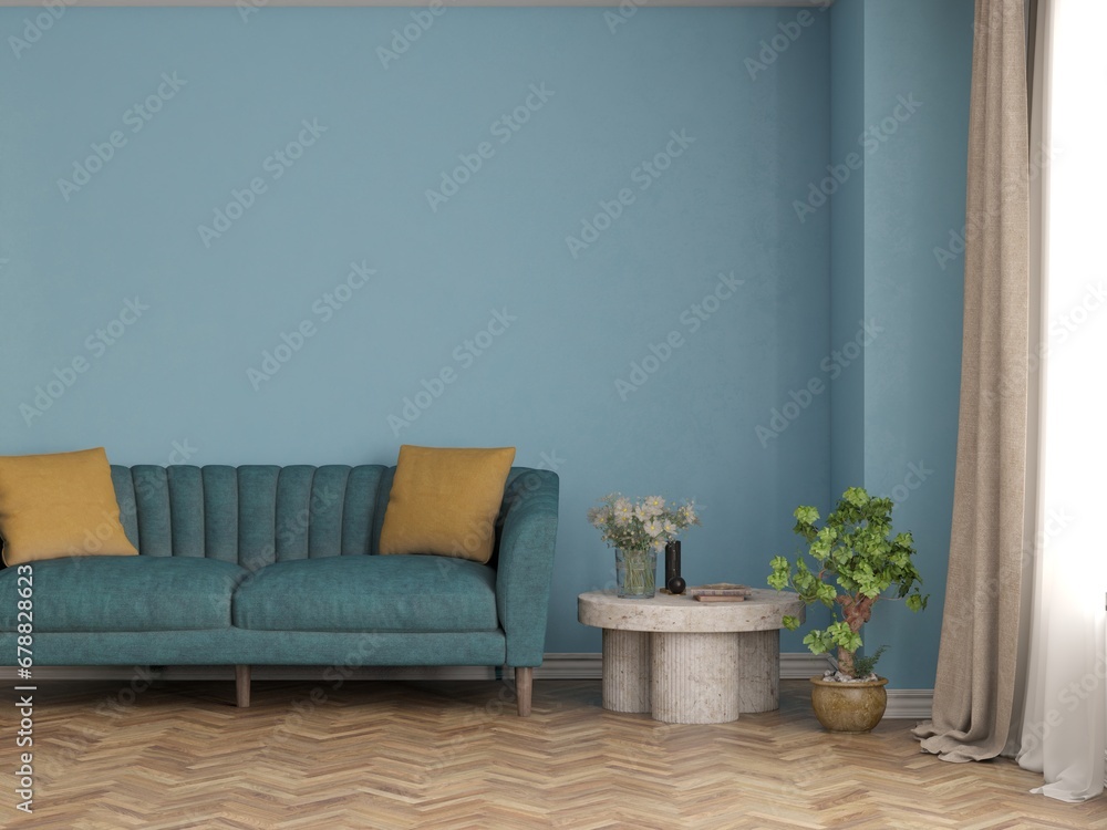 Blue living room with sofa. Scandinavian interior design. 3D illustration Blue living room with sofa. Scandinavian interior design. 3D illustration