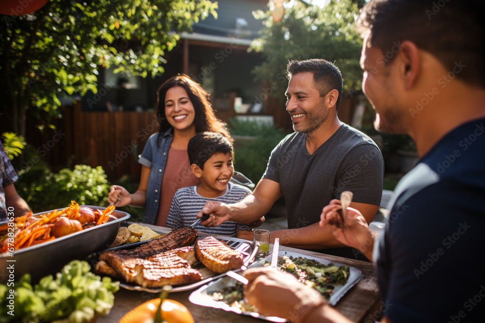 Happy Hispanic family enjoying a barbecue in their backyard on a sunny day. Family bonding and outdoor fun with delicious food and warm smiles - obrazy, fototapety, plakaty 