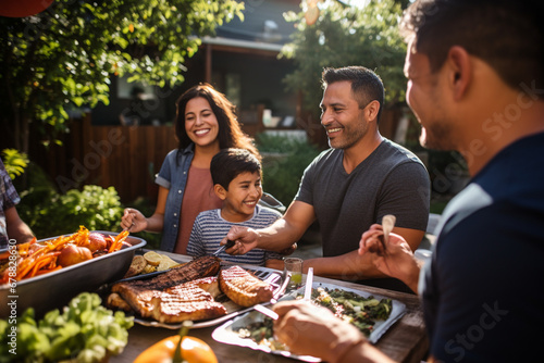 Happy Hispanic family enjoying a barbecue in their backyard on a sunny day. Family bonding and outdoor fun with delicious food and warm smiles photo