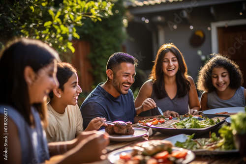 Happy Hispanic family enjoying a barbecue in their backyard on a sunny day. Family bonding and outdoor fun with delicious food and warm smiles