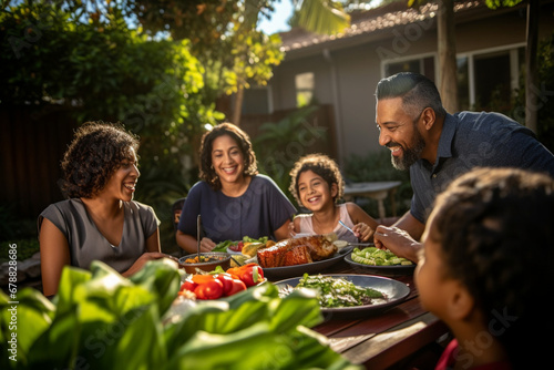 Happy Hispanic family enjoying a barbecue in their backyard on a sunny day. Family bonding and outdoor fun with delicious food and warm smiles