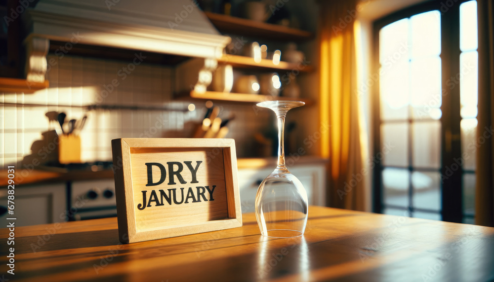 Dry January concept. Empty glass and a sign with words Dry January standing on kitchen counter. Alcohol-free campaign. - obrazy, fototapety, plakaty 