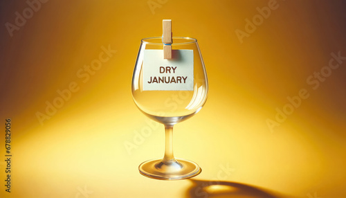 Dry January concept. Empty glass with hanging tag and words Dry January standing against yellow background. Alcohol-free campaign. photo