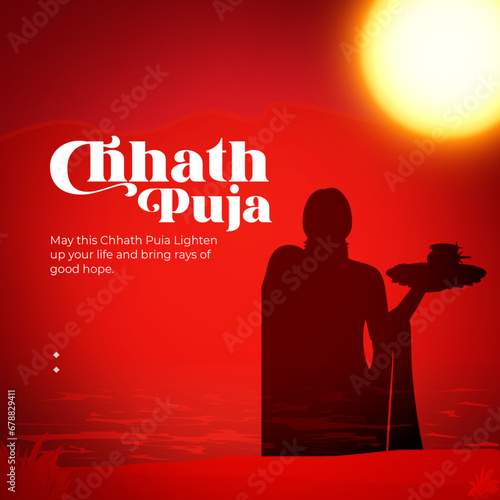 Poster celebrating Chhath Puja, featuring the sun, offerings, and traditional elements.