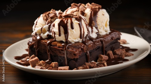 Chocolate cake with ice cream and chocolate chips on a wooden table