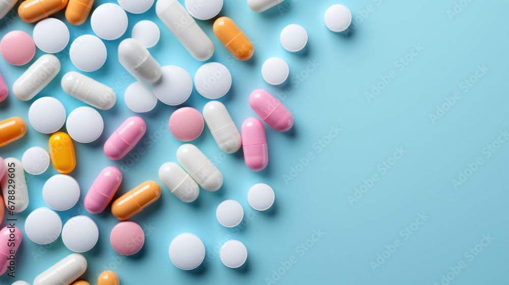 Colorful medicine pills and capsules on blue background. Copy space