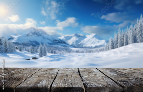 Empty rustic woooden table with Natural Winter background for display of advertise seasonal products