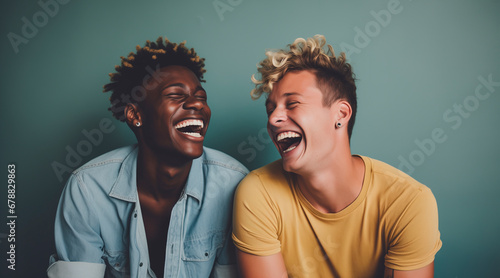 Two interracial best friends laughing and having a good time together in a studio