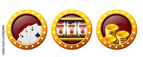 Casino 3d clipart. Design elements for a casino. Casino element in gold frame with light bulbs. Vector clipart.