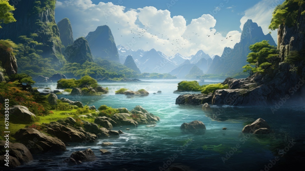 Beautiful fantasy landscape with lake and mountains
