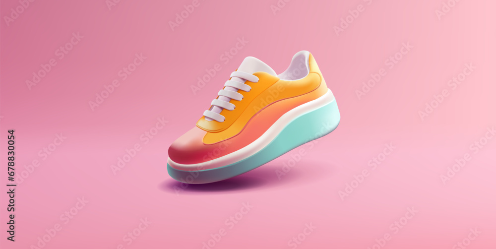 Modern colored sneaker 3d. Realistic sneaker image for design, walking, shopping, and selling shoes. Image on a pink background.