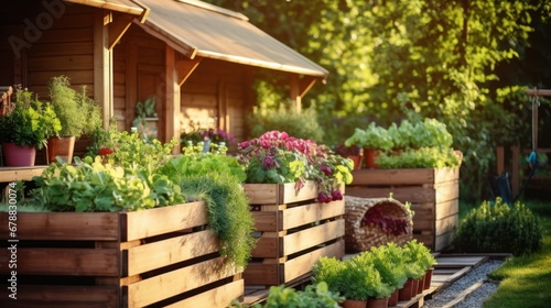Beautiful fresh herbs in wooden boxes in garden. Gardening concept photo