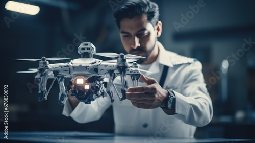 Drone technology. Handsome young man holding a drone while working in the office