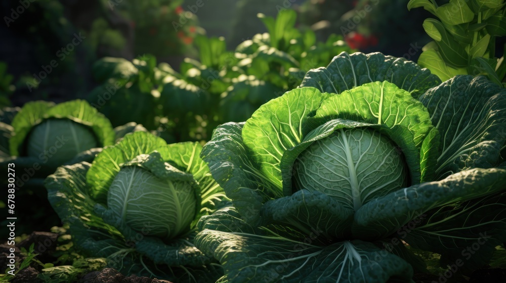 Obraz premium Cabbage field in the morning light. Shallow depth of field