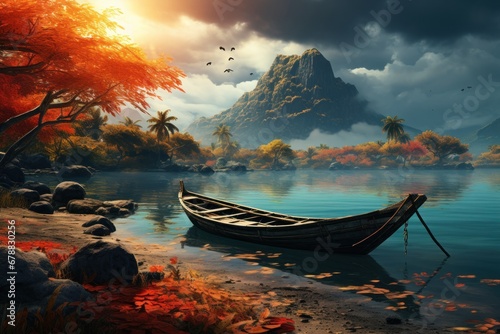 Fantasy landscape with boat on the lake photo