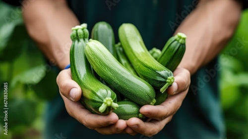 Zucchini in the hands of a farmer, the concept of harvesting and gardening, a place for text.