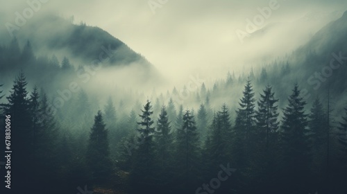 Foggy forest in the mountains. Foggy misty landscape © Ali