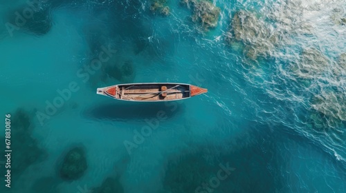 Aerial view of a rowing boat surrounded by classic blue water.