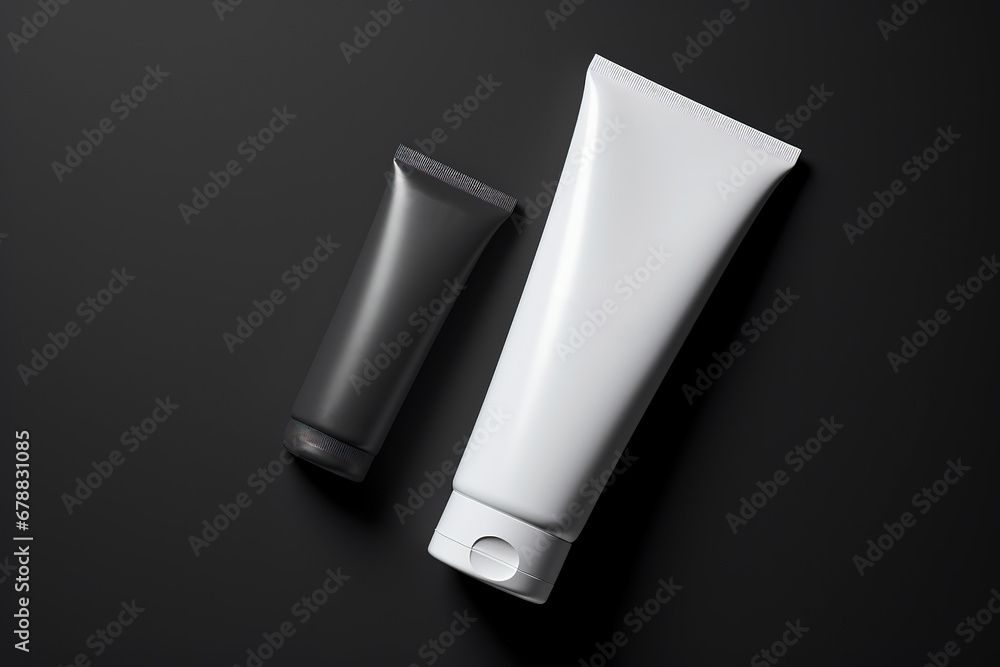 Blank plastic tubes on black background. Cosmetic beauty product mockup. Body care, spa skincare concept. Copy space Blank plastic tubes on black background. Cosmetic beauty product mockup. Body care, spa skincare concept. Copy space