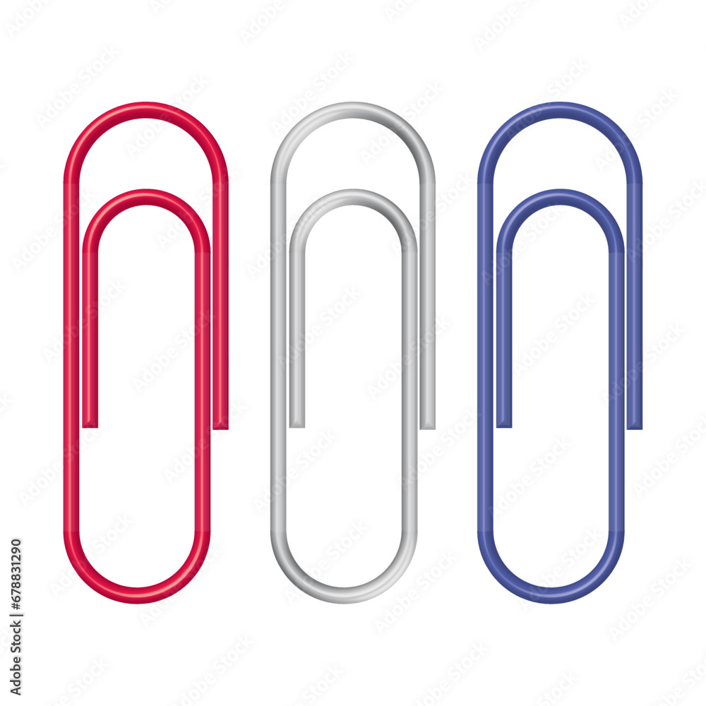 Paper clips 3D vector illustration three front view paper holders red, white, blue by marie luciano designs. Paper clips 3D vector illustration three front view paper holders red, white, blue by marie luciano designs.
