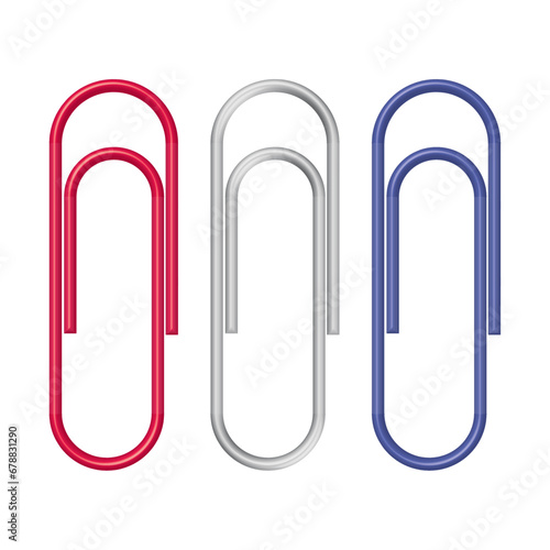 Paper clips 3D vector illustration three front view paper holders red, white, blue by marie luciano designs.