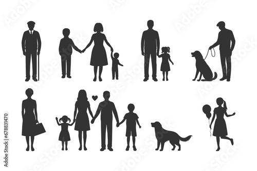 Set of people silhouettes. Families, couples, kids and elderly people. Flat vector illustration.