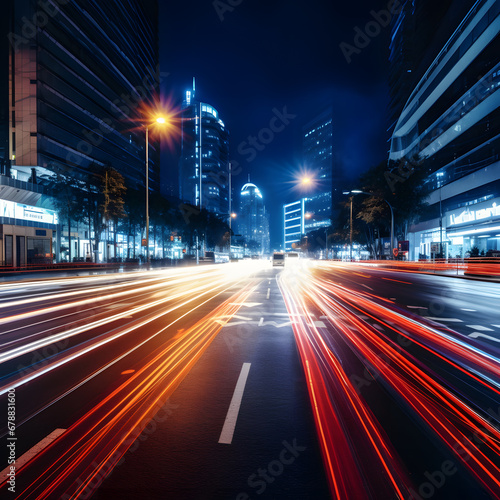Light trails streaking through a sleek, modern metropolis, surrounded by towering skyscrapers and bathed in the glow of neon futuristic technology. A backdrop suggesting the future of virtual reality,