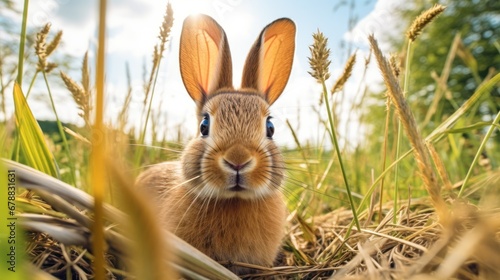 Rabbit in the grass on the meadow. background