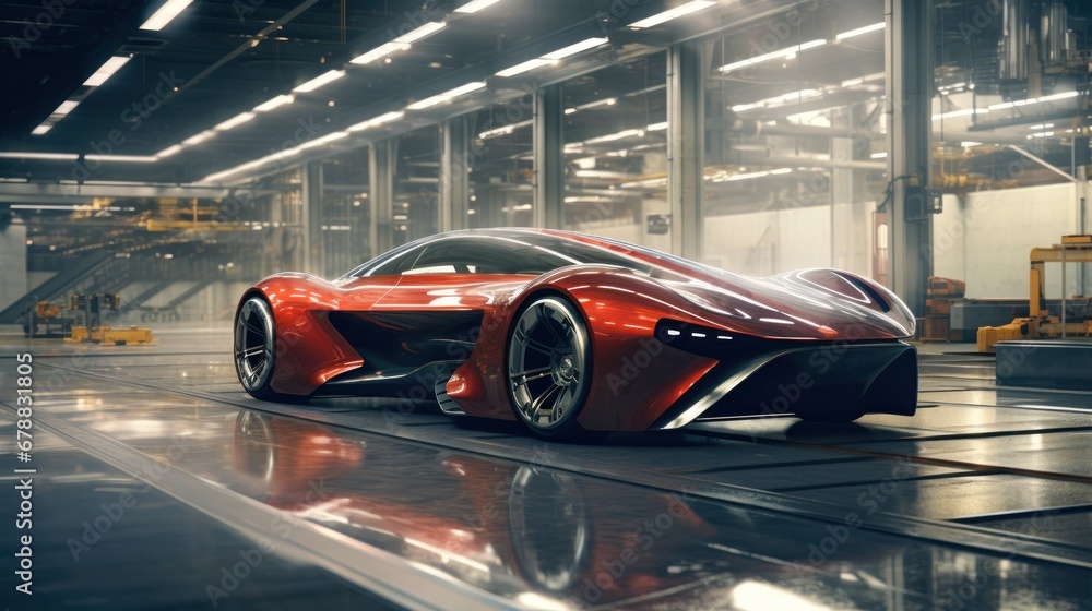 Futuristic red sports car in the garage