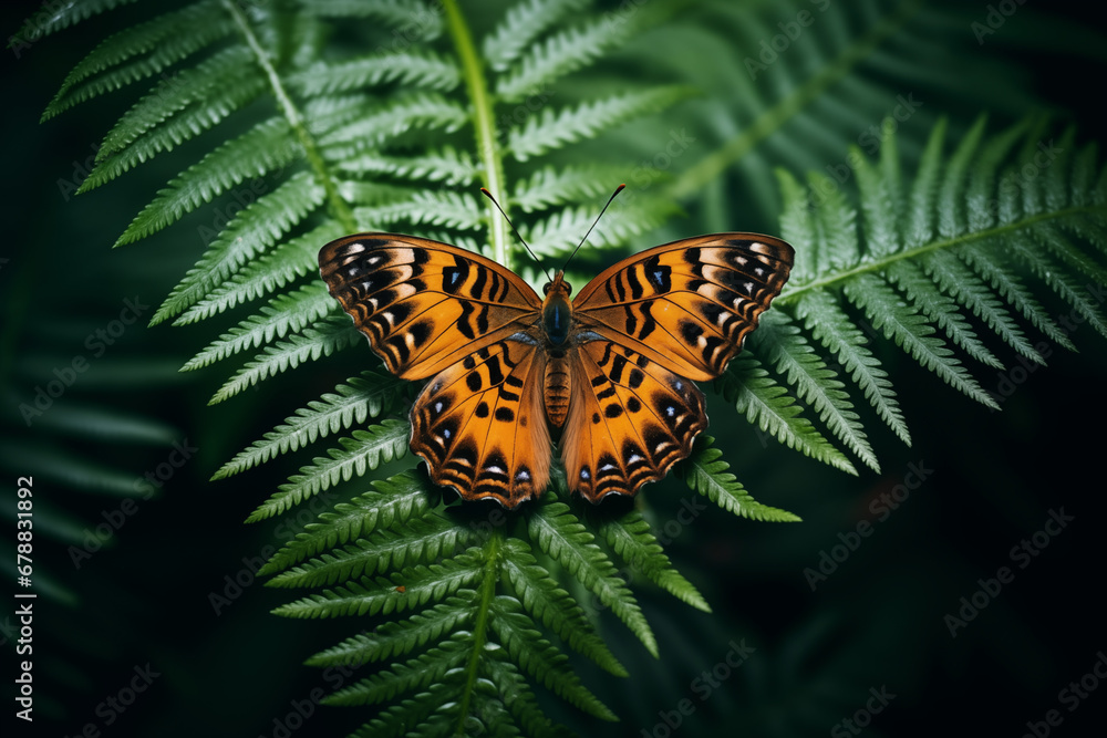 Obraz premium Richly patterned orange butterfly spreading wings atop lush green fern. Natural elegance and detail. Suitable for botanical poster, eco-friendly banner, or wallpaper