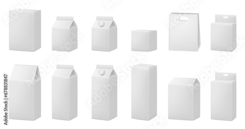 White boxes for dairy products. Blank cardboard package boxes mockup. Box set. Set of juice or milk cardboard package. Vector mockup set. Realistic carton package with cap. Hanging hole. Shopping bag