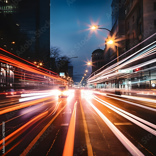 Light trails streaking through a sleek, modern metropolis, surrounded by towering skyscrapers and bathed in the glow of neon futuristic technology. A backdrop suggesting the future of virtual reality,