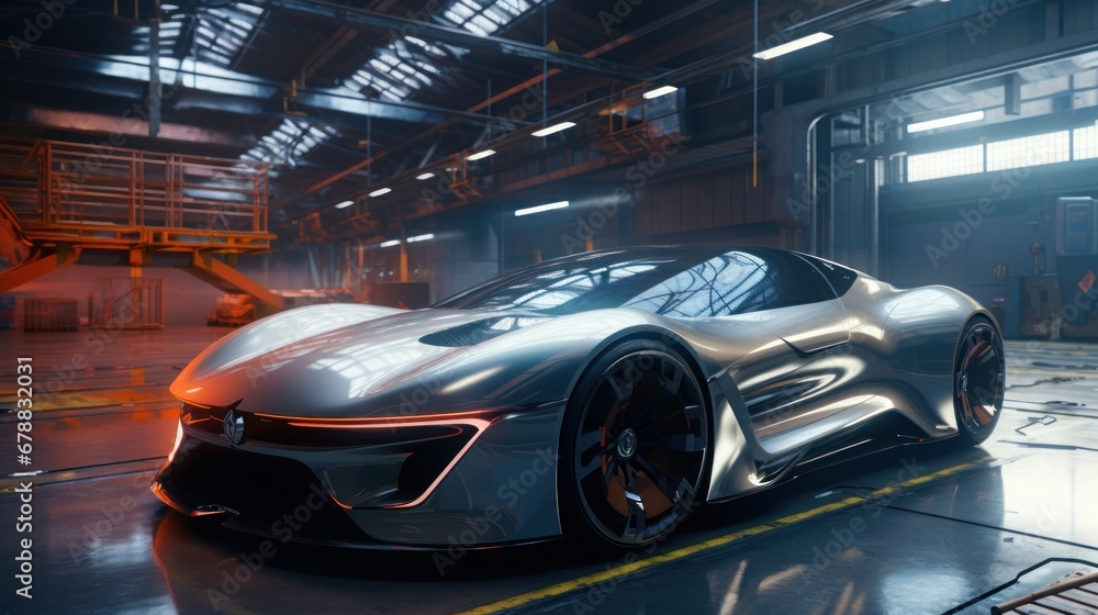 A brand-less generic concept car in a factory A brand-less generic concept car in a factory