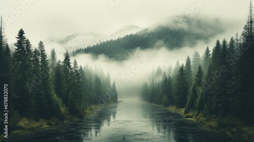 Foggy mountain landscape with a river and coniferous forest © Bilal