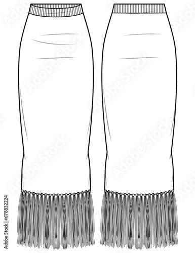 Women's fringe hem Column Skirt flat sketch vector illustration front and back view, long Full length skirt technical cad drawing vector template mock up photo